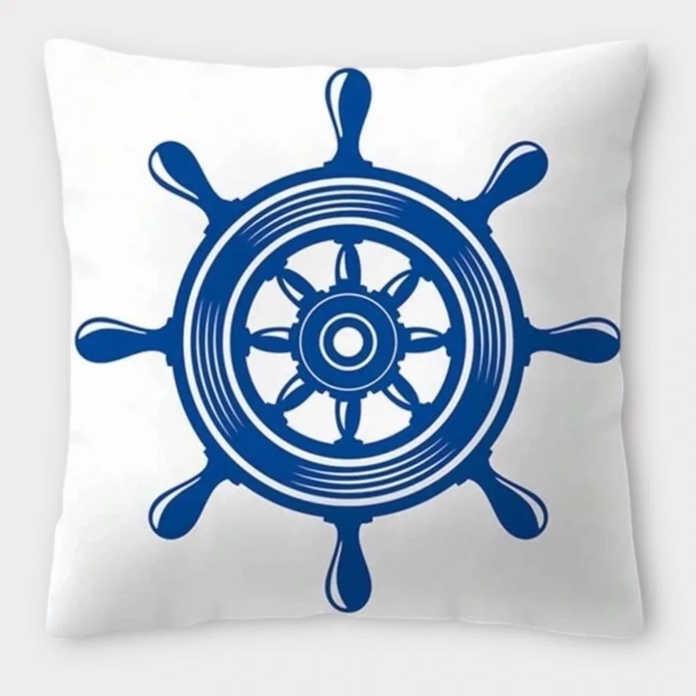 Coastal Pillow Cover Ship Wheel Nautical Beach Decor Square 17.75 in Blue White
